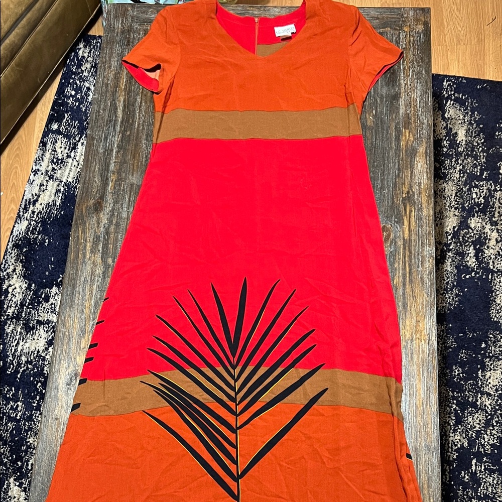 Vintage K.C. Spencer  Red and Orange Midi Dress with Black Leaf Design
